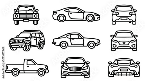 Quadro su tela Set of various car outline icons from front side and rear perspectives