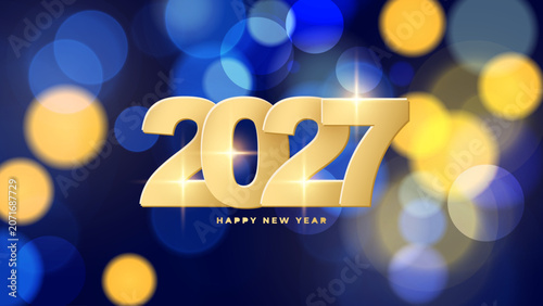 2027 Happy New Year. Gold colored numbers. New Year 2027 bright holiday background. Bokeh lights. Vector illustration.