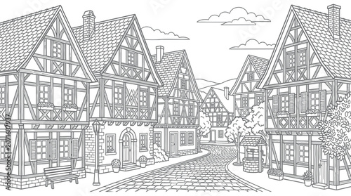 Slika na platnu Charming European Village Street with Half-Timbered Houses and Cobblestone Road