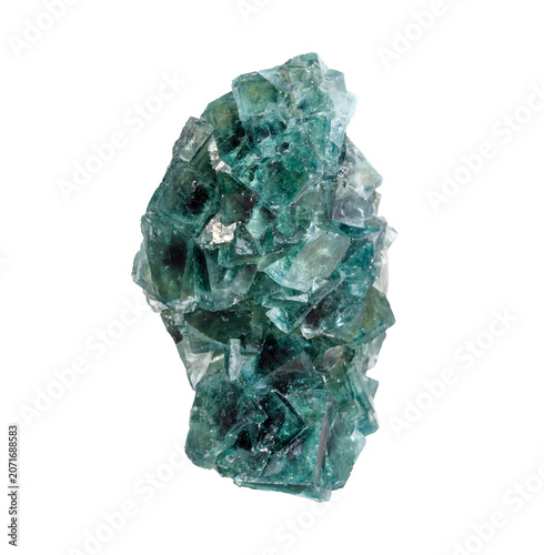 High-resolution image of a green fluorite formation featuring interlocking cubic crystals with natural variations in clarity and color. Isolated on a white background, ideal for mineral databases,