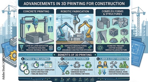 Modern 3d printing advancements in the construction industry infographic