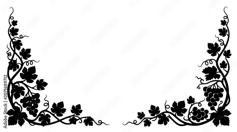 Fototapeta premium Grapevine silhouette corner border with leaves and grape clusters