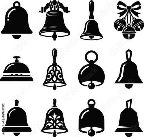 Foto Set of twelve black silhouette of various bells including handbells, church bell