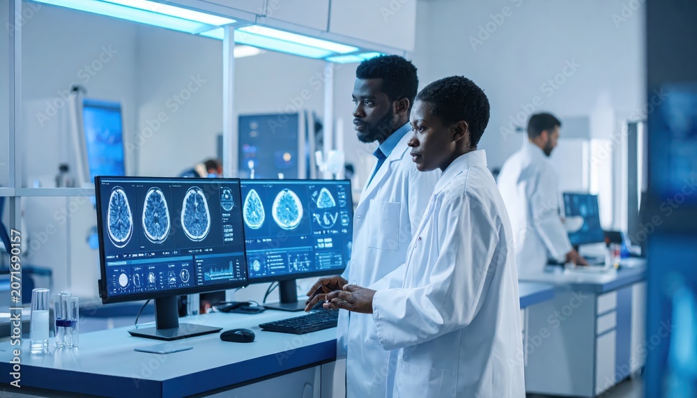 Naklejka premium Biomedical researchers analyze brain scans on advanced computer displays in a modern laboratory