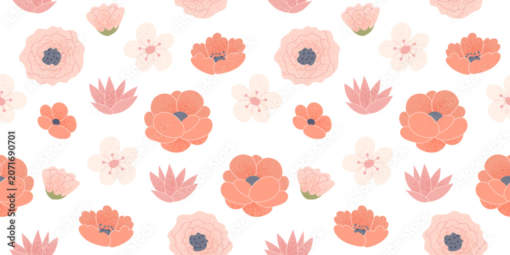 Fototapeta premium Poppy and roses seamless background. Beautiful floral pattern with hand drawn elements. Vector illustration in flat style