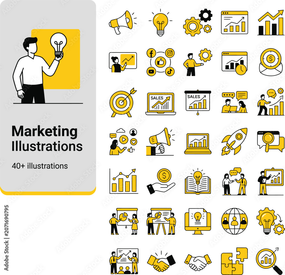 Fototapeta premium Marketing and business strategy flat vector illustrations collection corporate presentation infographic icons pack