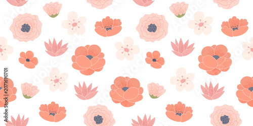 Poppy and roses seamless background. Beautiful floral pattern with hand drawn elements. Vector illustration in flat style