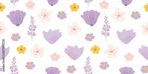 Lilac and purple flowers seamless background. Beautiful floral pattern with hand drawn elements. Vector illustration in flat style