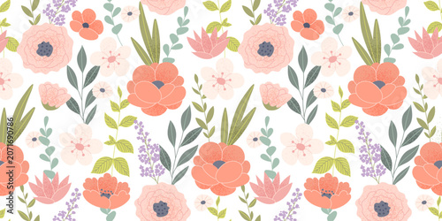 Wildflowers and leaves seamless background. Beautiful floral pattern with hand drawn elements. Vector illustration in flat style