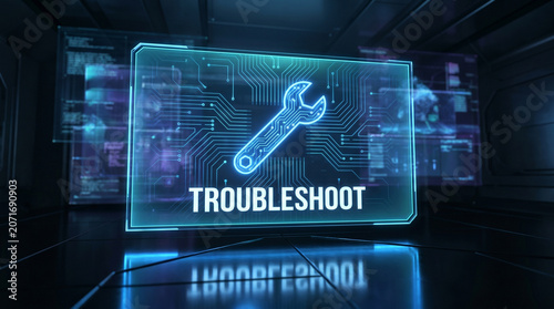 A glowing blue digital interface screen displaying a wrench icon for technical system troubleshooting and repair
