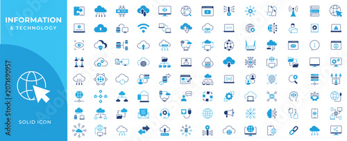 Information Technology solid icon set. Network, web design, software, website, data, computer, progress, programming, internet, icon collection set.