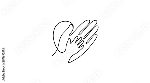 Continuous line drawing of adult and child hands forming a heart shape.