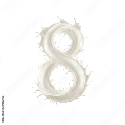 White liquid dynamically sculpted into frozen number '8' with waves, spray, and droplets, on pitch black background with dramatic high-key lighting, concept of perfection