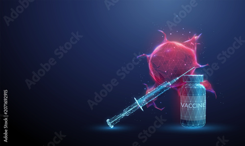 Bild auf Leinwand 3D blue tumor with a bottle of vaccine and a syringe