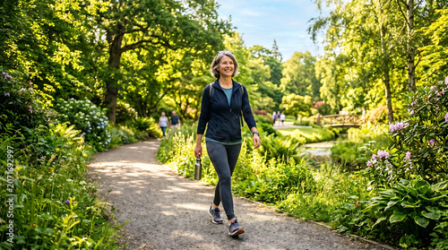 Happy Mature Woman Walking in Lush Sunny Park with Water Bottle