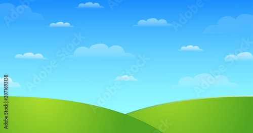 Cartoon Nature Landscape Background with Green Hills Blue Sky and Clouds