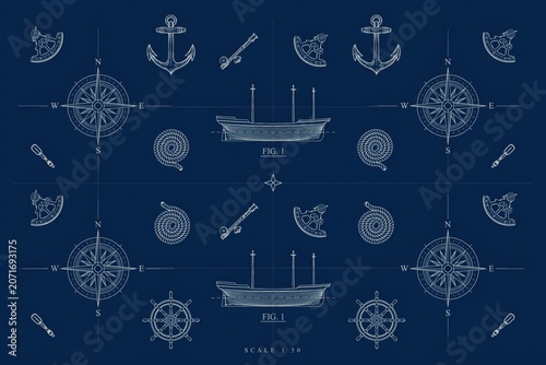 Blueprint style seamless pattern with white line of ships, anchors, compasses, and navigation tools on a dark blue background