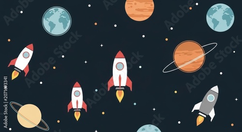 Rocket ships and planets in starry cosmic background
