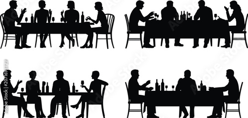 People dining silhouettes, group conversation, restaurant scene, social gathering, vector illustration set
