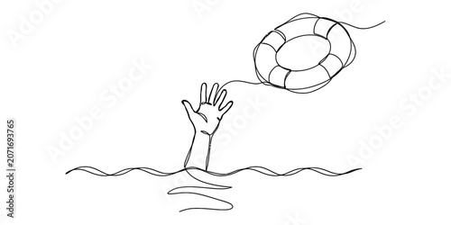 Fotografija Continuous line drawing of a drowning hand reaching for a lifebuoy ring in the w