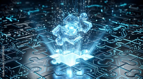 Glowing transparent puzzle piece fitting into a futuristic circuit board surface representing artificial intelligence solutions, tech integration, and digital strategy.