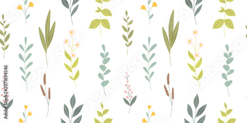 Wildflowers and leaves seamless background. Beautiful floral pattern with hand drawn elements. Vector illustration in flat style