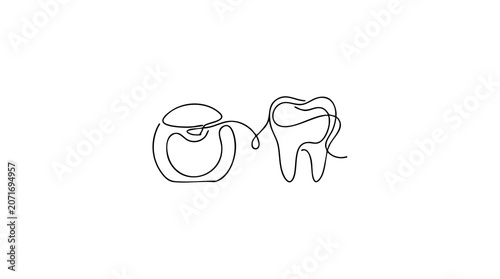 Dental Floss and Tooth Continuous Line Drawing.