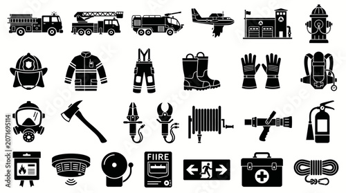 Photos Fire emergency icons collection presents a variety of safety instruments and firefighting apparatus in a clean black silhouette design