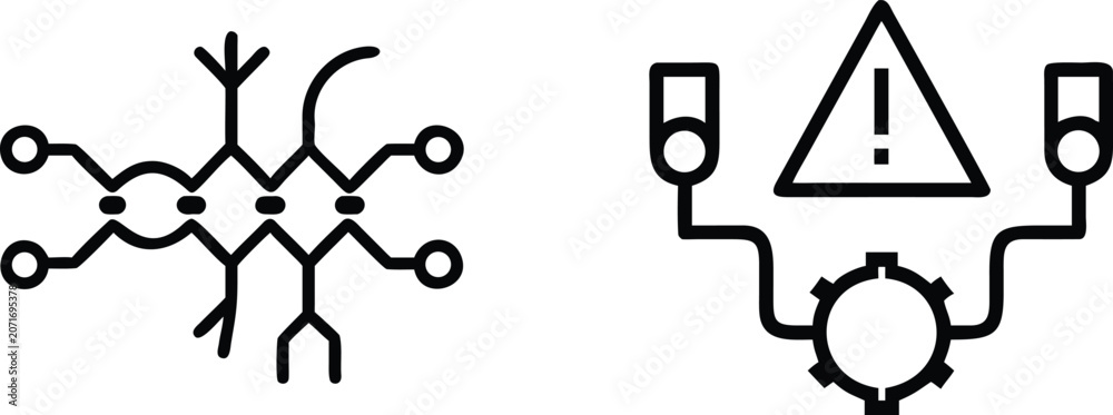 Fototapeta premium Abstract technology diagram icons showing interconnected neural network structures and complex digital warning signal flows for engineering design.