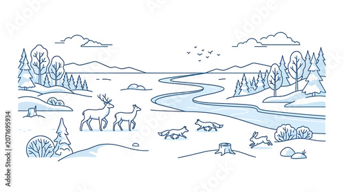 Foto Winter Wildlife Scene: Deer, Foxes, Rabbits in Snowy Landscape with River