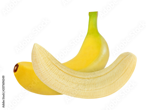 whole and peeled banana isolated on white background with clipping path