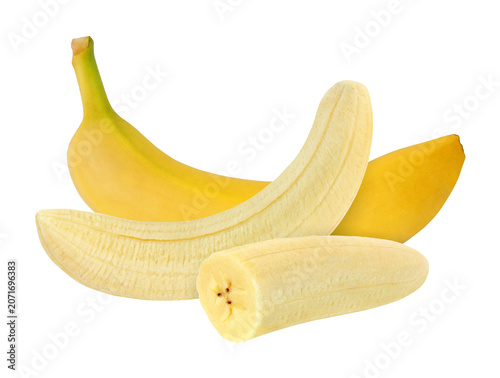 whole and peeled banana isolated on white background with clipping path