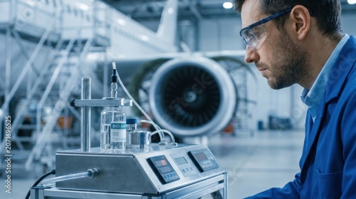 Innovative aerospace engineer testing sustainable aviation fuel for future flight solutions
