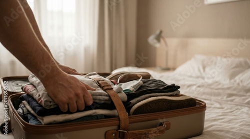 Traveler struggling to pack an overstuffed suitcase in a hotel room before departure