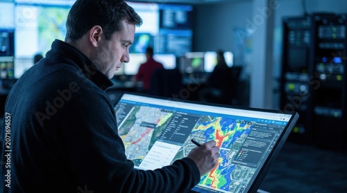 Gis specialist analyzing flood hazard maps for watershed hazard monitoring and management
