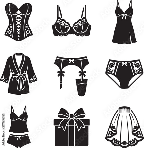 Black silhouettes of lingerie and intimate apparel on a white background
