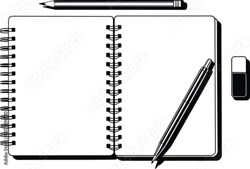 Stationery set with open spiral notebook pen pencil and eraser isolated on transparent background