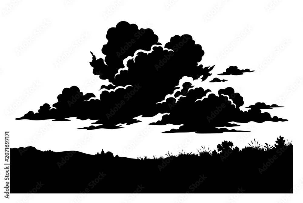 Fototapeta premium black and white silhouette of clouds over a grassy landscape