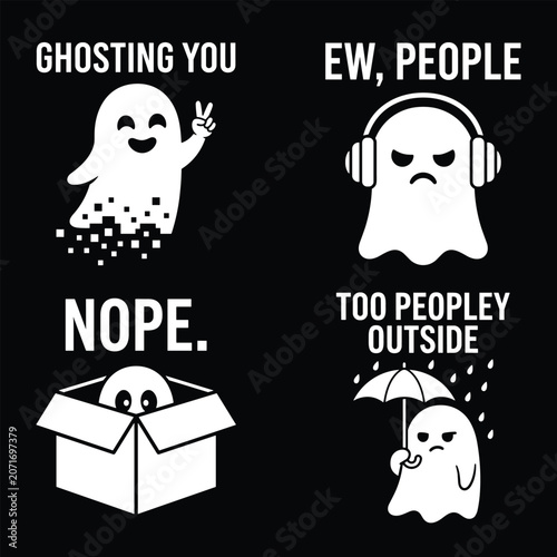 Foto Set of four funny ghost with text captions on a black background, featuring ghos