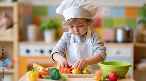Little boy pretending to be a chef in a toy kitchen
