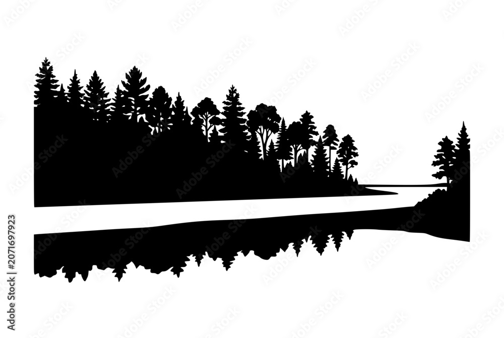 Fototapeta premium Pine Forest and River Reflection Silhouette Graphic