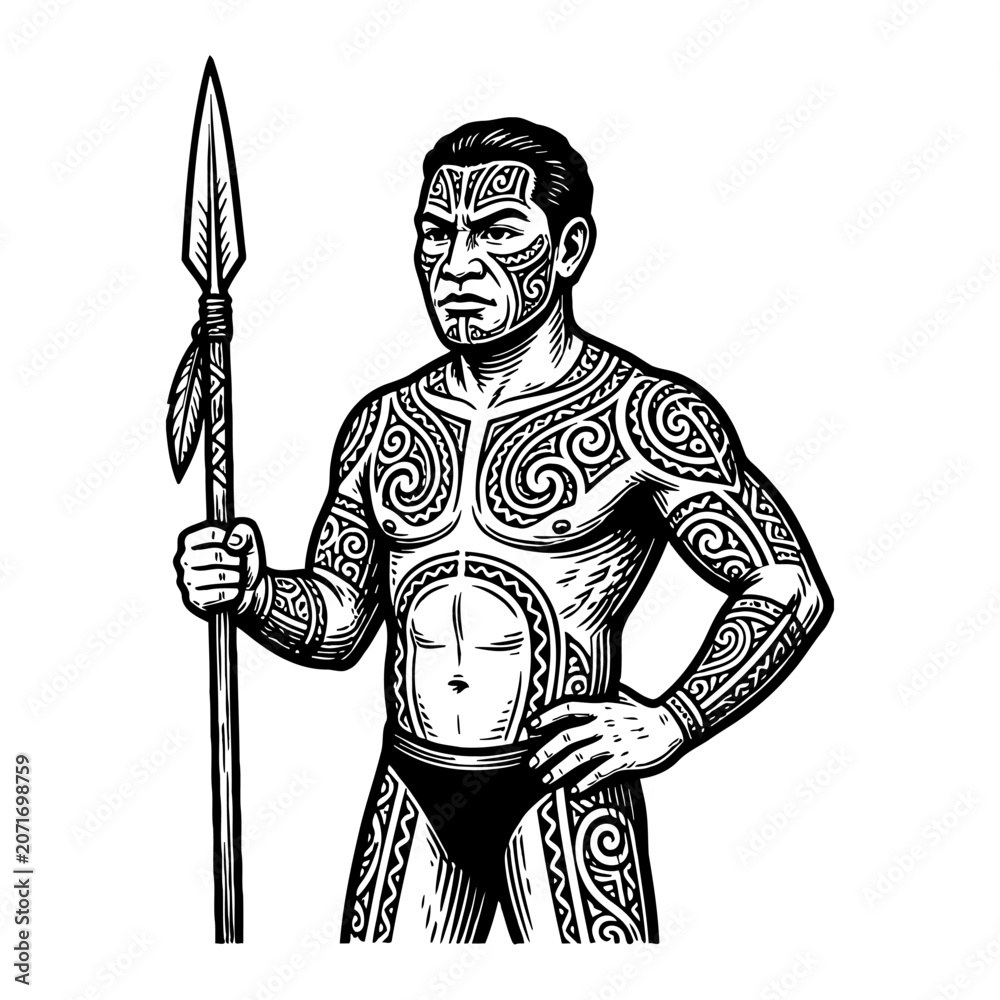 Obraz premium Maori warrior holding a spear, traditional tattoos, strong stance, ancient culture illustration