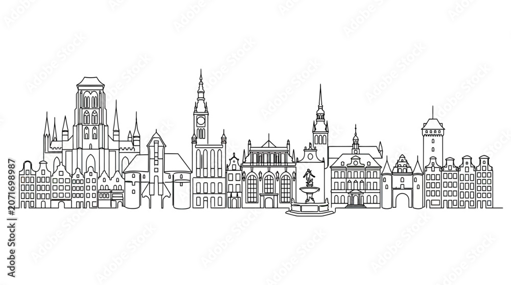 Fototapeta premium Gdańsk Skyline Outline Drawing, Historic European Cityscape, Landmark Architecture