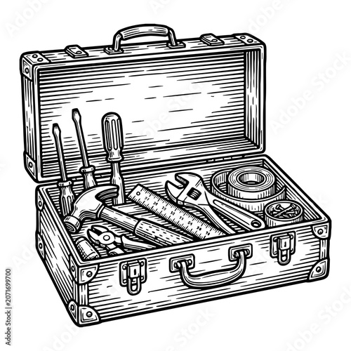Vintage toolbox filled with assorted tools, including a hammer, pliers, screwdrivers, and wrenches, presented in a detailed sketch style.