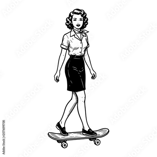 Vintage woman in a skirt and scarf riding a skateboard, retro style, black and white line art