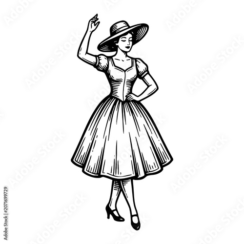 Vintage woman in elegant dress and hat, posing with hand raised, line art style, retro fashion concept
