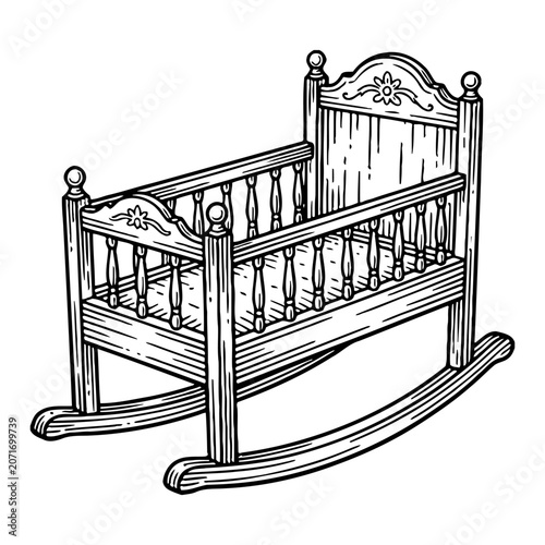 Vintage wooden baby cradle, detailed illustration of antique rocking bassinet with ornate carvings, nursery furniture