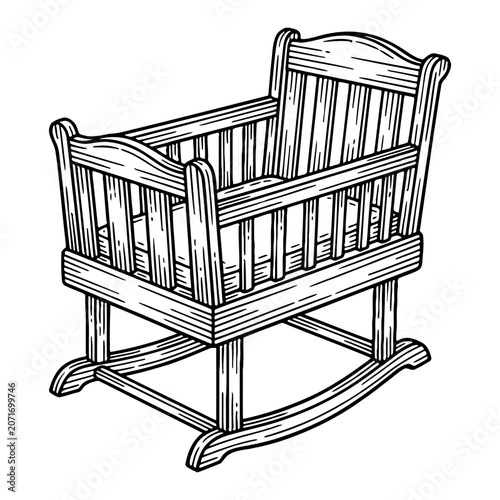 Vintage wooden baby cradle with rocking base, detailed line art illustration
