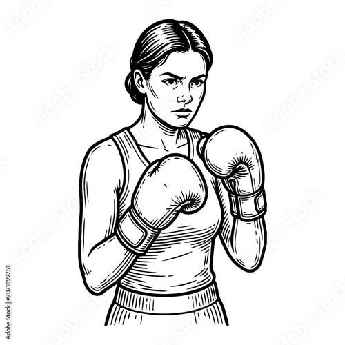Woman boxer in stance, focused expression, wearing gloves and tank top, black and white line art, conveying determination and strength.