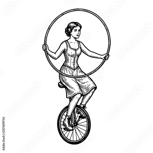 Woman circus performer balancing on unicycle with hula hoop, vintage sketch style, performing act